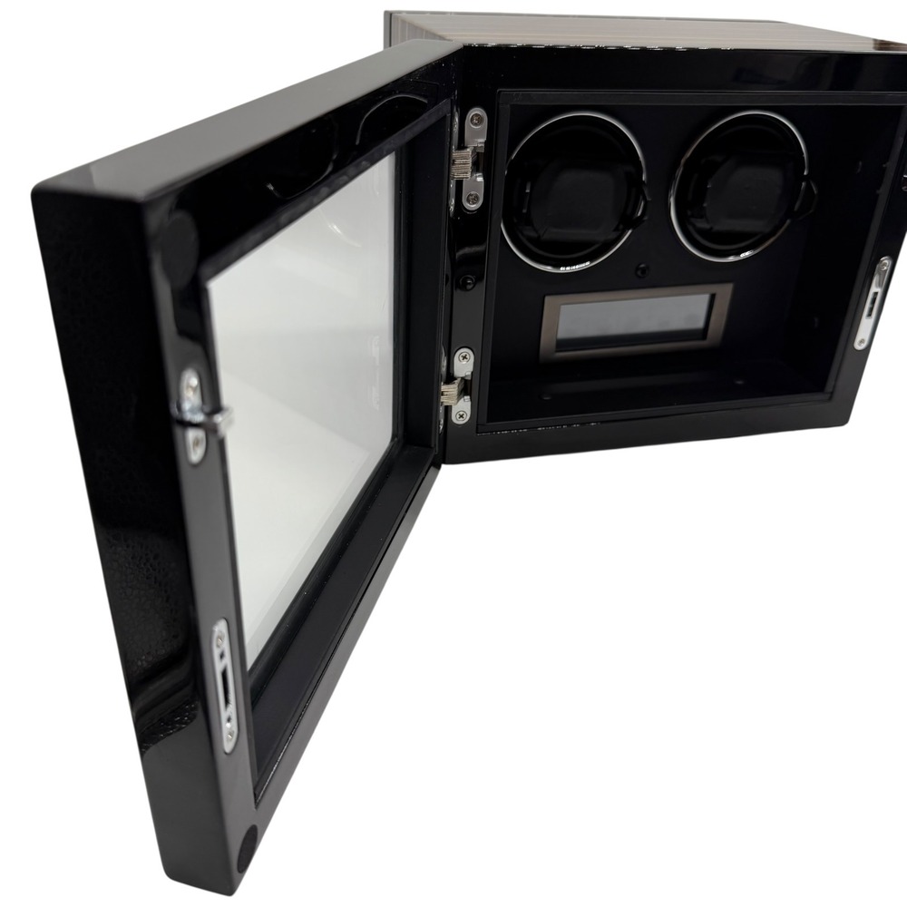 Dual Watch Winder Ebony Wood Grain Finish Black Automatic Watch Box with Adapter - Picture 10 of 16